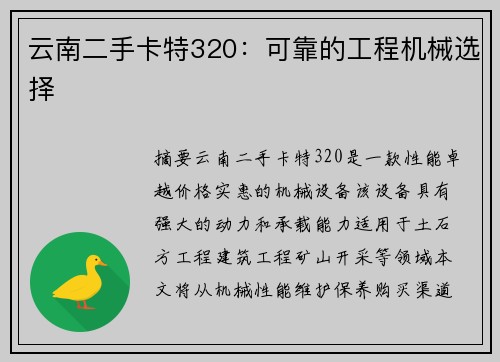 云南二手卡特320：可靠的工程机械选择